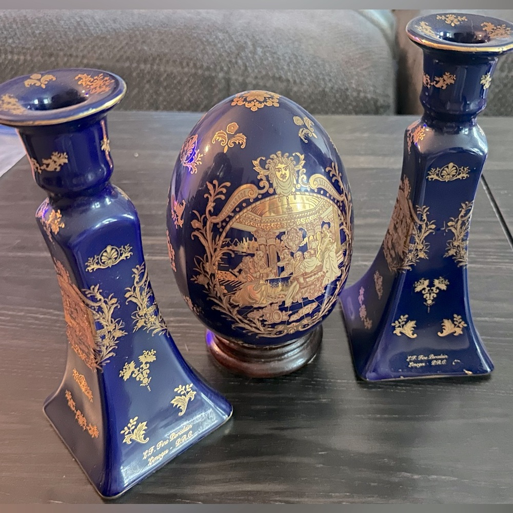 Limoges France Victorian Cobalt/Gold Porcelain Vase Set of 4 Pieces